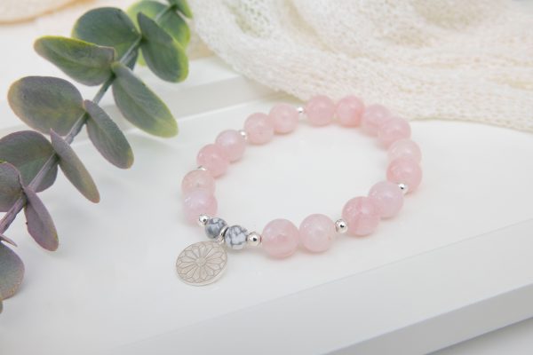 Rose Quartz & Howlite Bracelet with Sterling Silver Beads & Geometric Charm