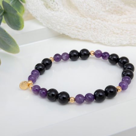 Amethyst & Black Onyx Bracelet with 14K Gold-Filled Sand Dollar Charm
