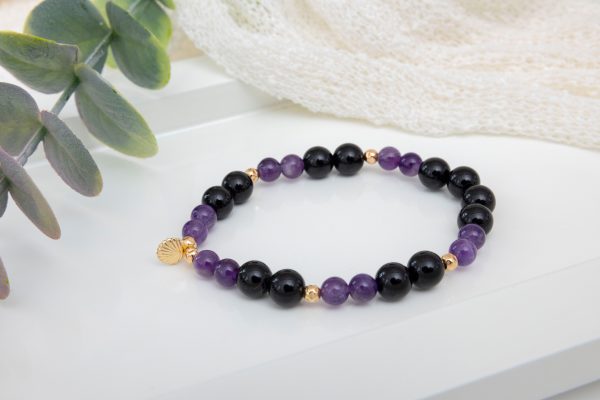 Amethyst & Black Onyx Bracelet with 14K Gold-Filled Sand Dollar Charm
