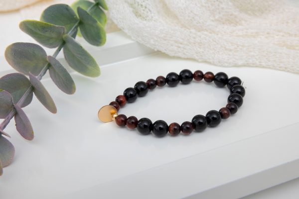 Red Tiger Eye & Black Onyx Bracelet with 14K Gold-Filled Disc