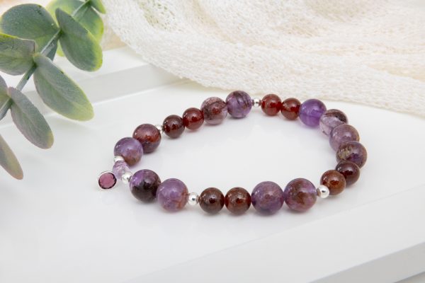Super 7 & Hessonite Garnet Bracelet with Amethyst Birthstone