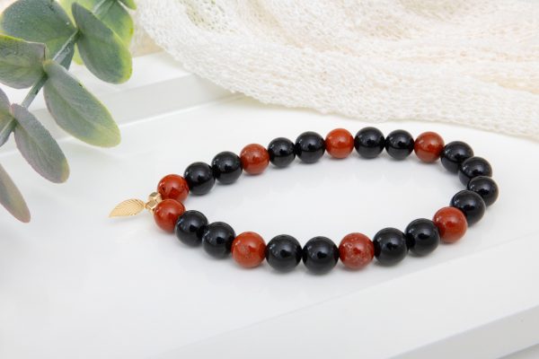 Red Jasper & Onyx Bracelet with 14K Gold-Filled Feather