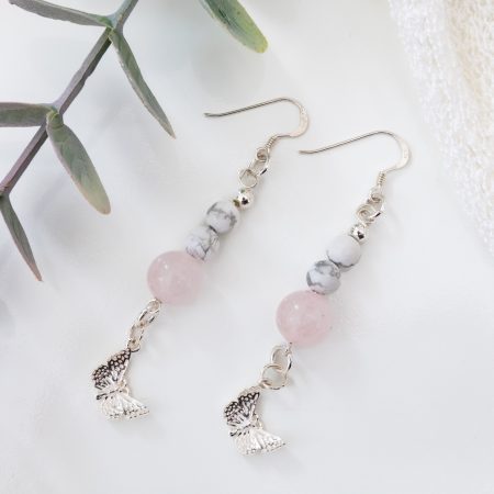Rose Quartz & White Howlite Earrings with Sterling Silver Butterfly Details