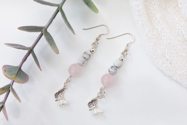 Rose Quartz & White Howlite Earrings with Sterling Silver Butterfly Details