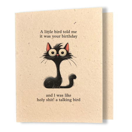 A kraft seed paper birthday card featuring a wide-eyed cartoon black cat with the humorous text "A little bird told me it was your birthday… and I was like holy shit! a talking bird."