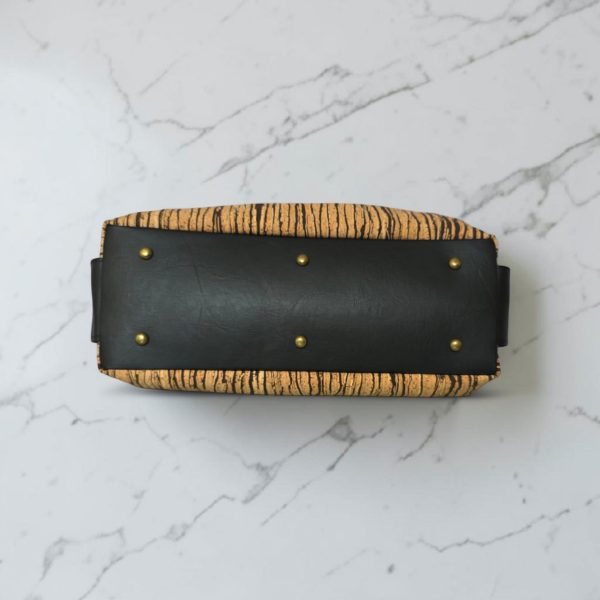 Slouchy Cork Bag with Black Faux Leather, Divided Compartment, Antique Brass Hardware