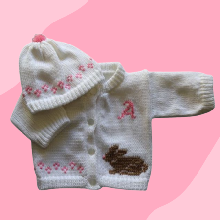 Bunny Beige Baby Sweater, Handmade Knitted Baby Sweater, Personalized Baby Sweater