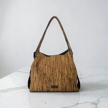 Slouchy Cork Bag with Black Faux Leather, Divided Compartment, Antique Brass Hardware