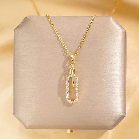 18K Gold Plated Paperclip Link Necklace with Cubic Zirconia Pendant