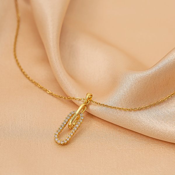 18K Gold Plated Paperclip Link Necklace with Cubic Zirconia Pendant