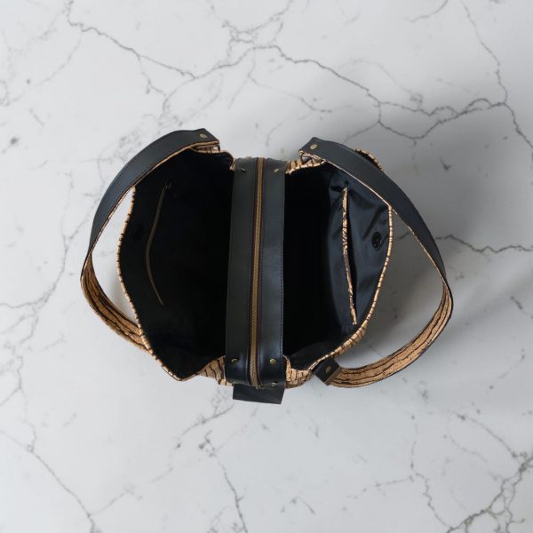 Slouchy Cork Bag with Black Faux Leather, Divided Compartment, Antique Brass Hardware