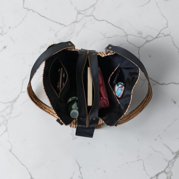 Slouchy Cork Bag with Black Faux Leather, Divided Compartment, Antique Brass Hardware
