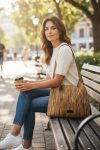 Slouchy Cork Bag with Black Faux Leather, Divided Compartment, Antique Brass Hardware