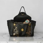 Structured Black Faux Leather Bag, Gold Floral Accent, Press Lock Hardware