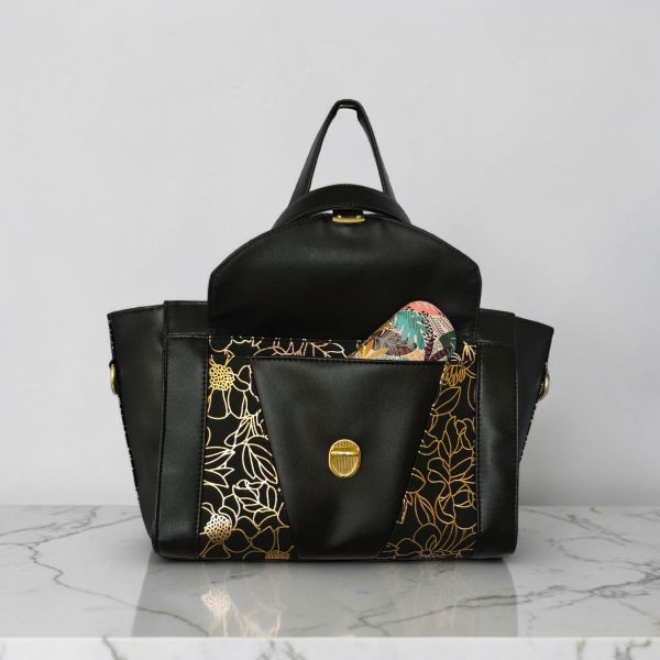 Structured Black Faux Leather Bag, Gold Floral Accent, Press Lock Hardware