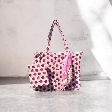 Strawberry Print Tote Bag | Summer Beach Bag | Shoulder Bag | Gift for Her