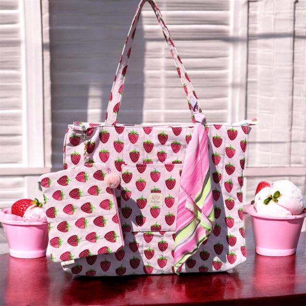 Strawberry Print Tote Bag | Summer Beach Bag | Shoulder Bag | Gift for Her