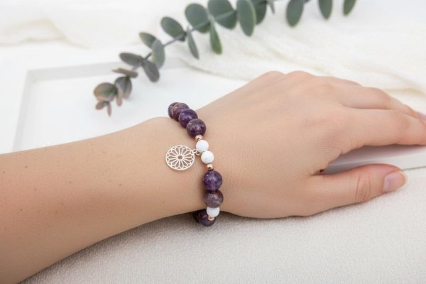 Super 7 & Magnesite Stretch Bracelet — Rose Gold-Filled Accents with Sterling Silver Geometric Sign