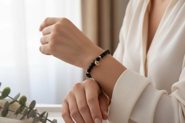 Obsidian Bracelet with 14K Gold Filled Hamsa Hand & Blue CZ Accent
