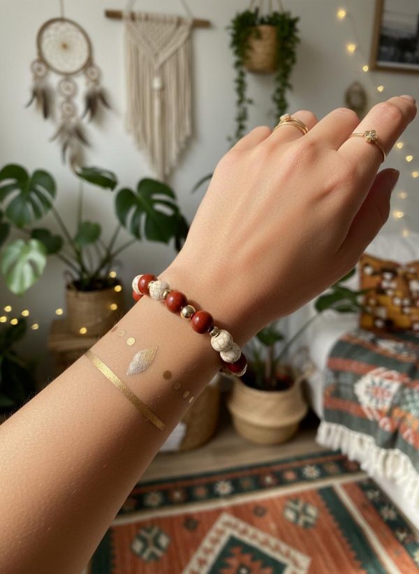 Red Jasper & Magnesite Beaded Bracelet with 14K Gold Beads and Gold Filled Leaf Charm