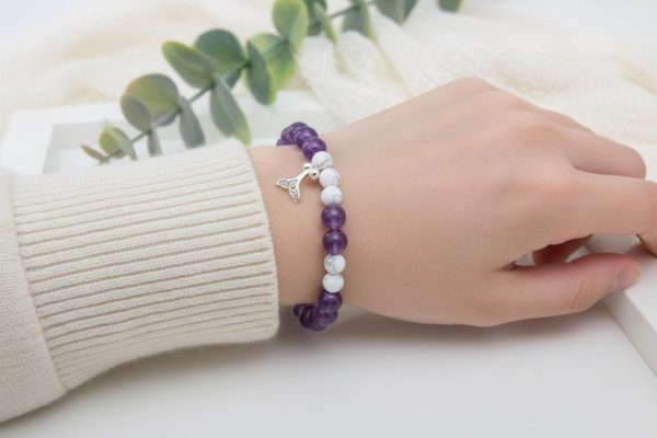 Howlite & Amethyst Stretch Bracelet — Sterling Silver Mermaid Tail