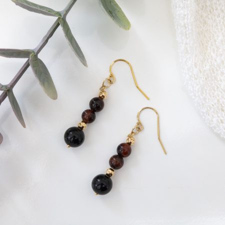 Red Tiger Eye & Black Onyx Drop Earrings with 14K Hammered Gold Beads