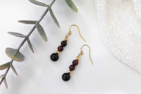 Red Tiger Eye & Black Onyx Drop Earrings with 14K Hammered Gold Beads