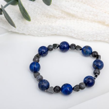 Lapis Lazuli & Labradorite Stretch Bracelet — Hematite Heart Charms