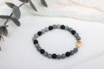 Green Jadeite & Black Onyx Bracelet — 14K Hammered Gold Spacers & Gold Hematite Hear