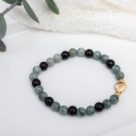 Green Jadeite & Black Onyx Bracelet — 14K Hammered Gold Spacers & Gold Hematite Hear