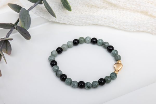Green Jadeite & Black Onyx Bracelet — 14K Hammered Gold Spacers & Gold Hematite Hear