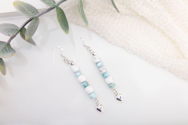Howlite & Larimar Dangle Earrings — Sterling Silver Hearts