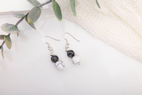 Howlite & Labradorite Dangle Earrings — Sterling Silver Beads & Hooks