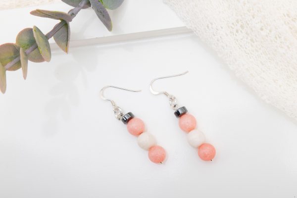 Rhodochrosite & Freshwater Pearl Dangle Earrings — Hematite Rondelles & Sterling Silver Hooks