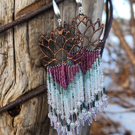 ​Lotus Bloom Wood & Beaded Fringe Earrings – Iridescent Purple & Aqua Zen Dangles
