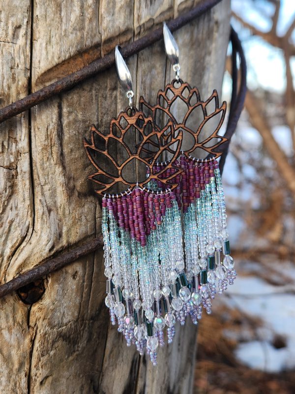 ​Lotus Bloom Wood & Beaded Fringe Earrings – Iridescent Purple & Aqua Zen Dangles