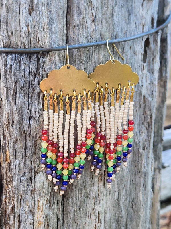 Golden Cloud Rainbow Fringe Earrings – Colorful Beaded Raindrop Dangles for Pride & Joy