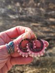 Boho Wood Hoop Earrings with Pink and Cream Hand-Beaded Lace Trim