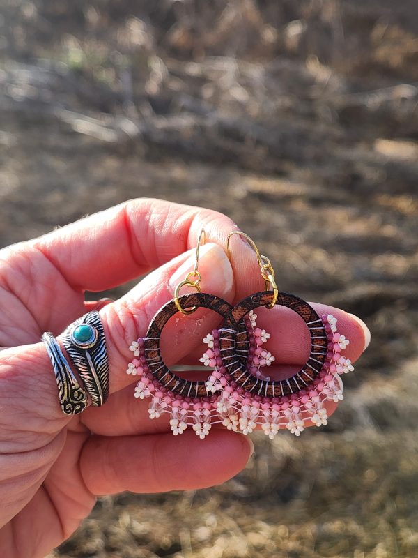 Boho Wood Hoop Earrings with Pink and Cream Hand-Beaded Lace Trim