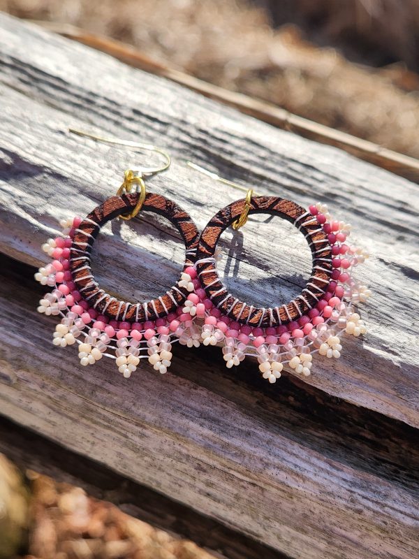 Boho Wood Hoop Earrings with Pink and Cream Hand-Beaded Lace Trim