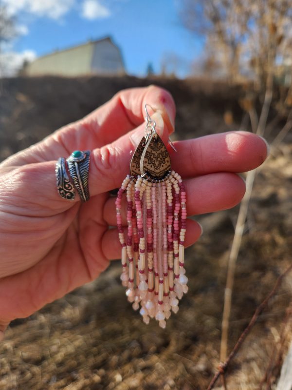 ​Handcrafted Mauve & Rose Seed Bead Fringe Earrings – Wood Teardrop Accents with Crystal Drops