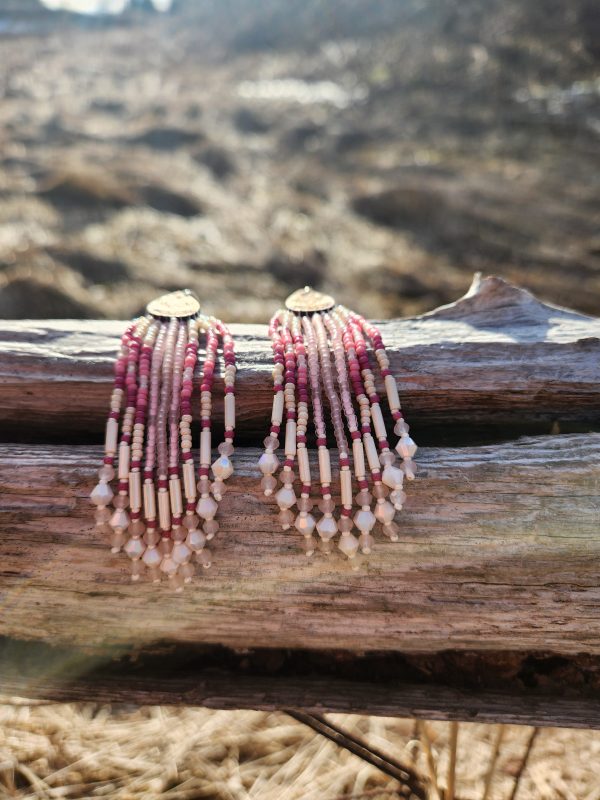 ​Handcrafted Mauve & Rose Seed Bead Fringe Earrings – Wood Teardrop Accents with Crystal Drops