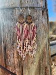 ​Handcrafted Mauve & Rose Seed Bead Fringe Earrings – Wood Teardrop Accents with Crystal Drops