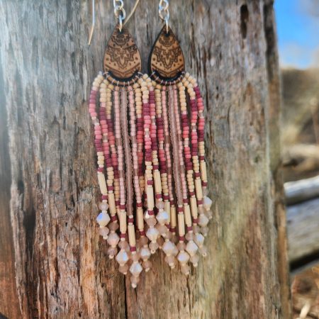 ​Handcrafted Mauve & Rose Seed Bead Fringe Earrings – Wood Teardrop Accents with Crystal Drops