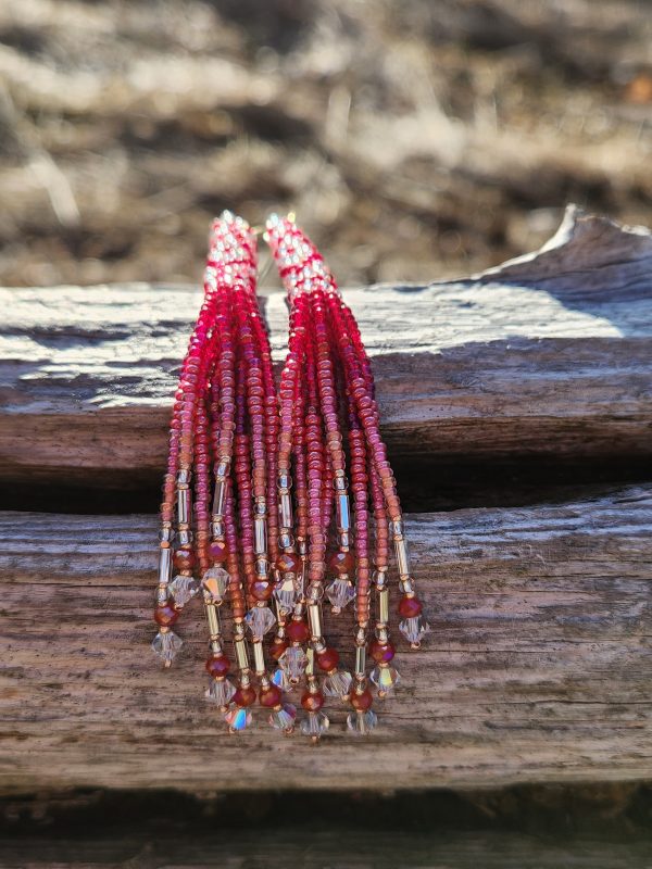 Sparkling Red and Pink Ombre Beaded Fringe Earrings with Crystal Accents