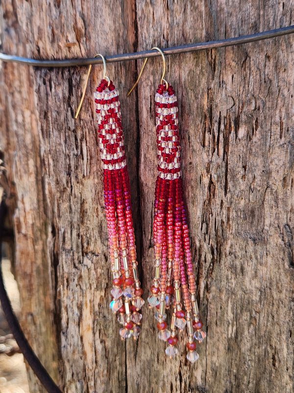 Sparkling Red and Pink Ombre Beaded Fringe Earrings with Crystal Accents