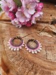 Boho Wood Hoop Earrings with Pink and Cream Hand-Beaded Lace Trim