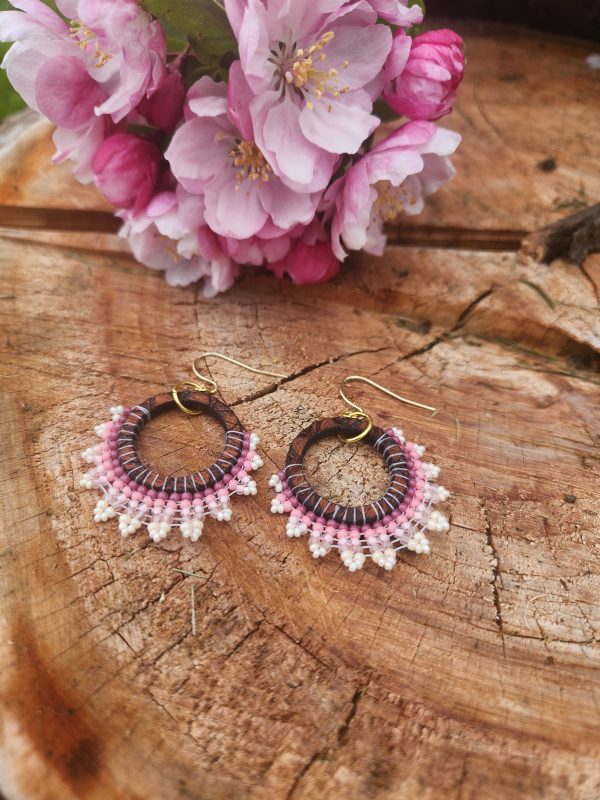 Boho Wood Hoop Earrings with Pink and Cream Hand-Beaded Lace Trim