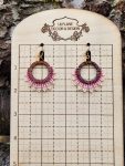 Boho Wood Hoop Earrings with Pink and Cream Hand-Beaded Lace Trim