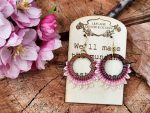 Boho Wood Hoop Earrings with Pink and Cream Hand-Beaded Lace Trim